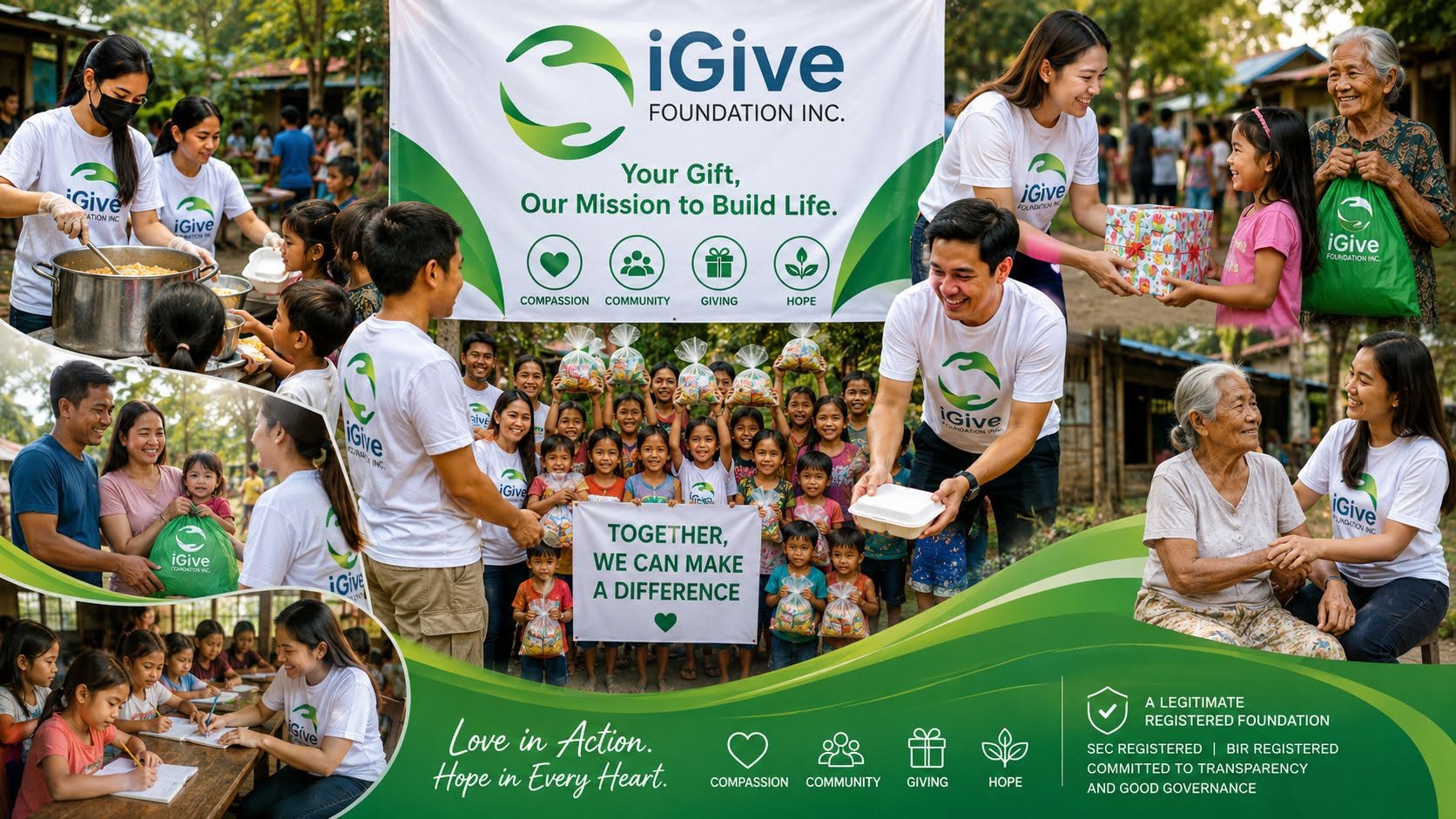 Official iGive campaign artwork featuring feeding, gift-giving, young people, and elderly support